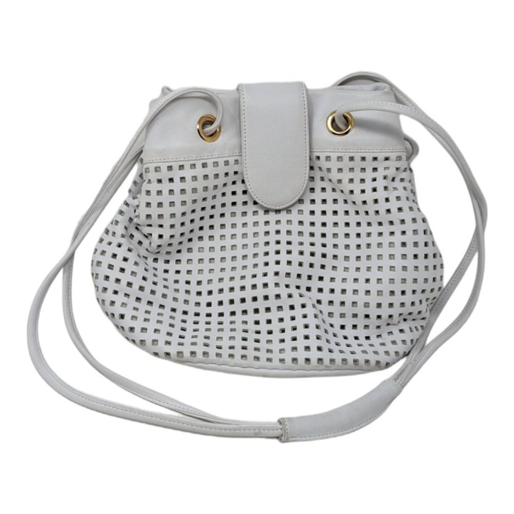 Vintage Brio! White Leather Laser Cut Perforated Summer Bucket Bag Purse